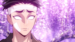 A Man With A Bandage On His Head And White Eyes Is Standing In Front Of A Purple Background . GIF