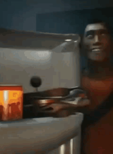 A Man With A Bandage On His Head Is Sitting At A Table With A Can Of Soda . GIF