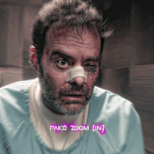 A Man With A Bandage On His Nose And Fake Zoom In Purple GIF