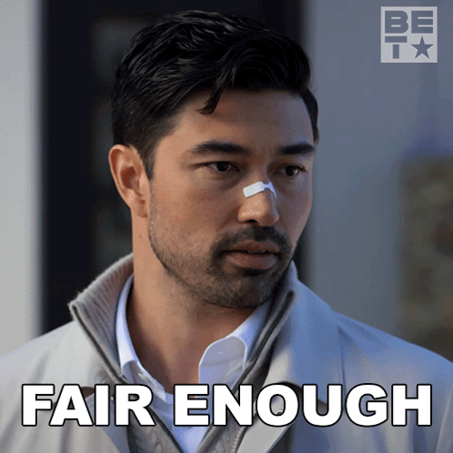 A Man With A Bandage On His Nose And The Words Fair Enough GIF