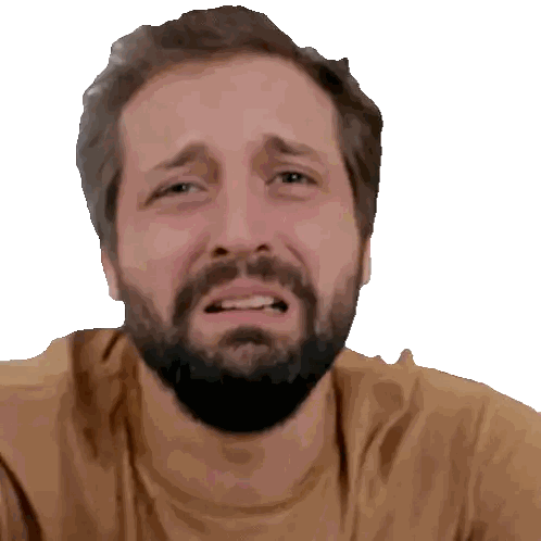 a man with a beard and a brown shirt is making a sad face