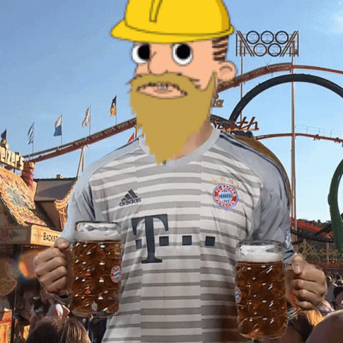 A Man With A Beard And A Hard Hat Is Wearing A Bayern Munich Jersey GIF