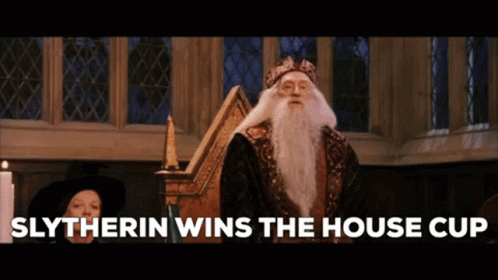 A Man With A Beard And A Hat Is Standing In A Room With The Words Slytherin Wins The House Cup . GIF