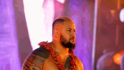 A Man With A Beard And A Lei Around His Neck Is Standing In Front Of A Purple Background . GIF