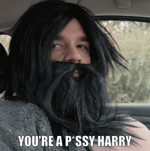 a man with a beard and a wig says you 're a p * ssy harry