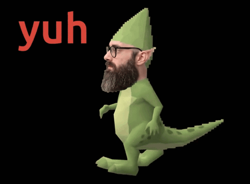 A Man With A Beard And Glasses Dressed As A Dinosaur With The Word Yuh Above Him GIF