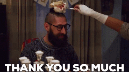 Man With Beard And Glasses Gets Cake On Head Says Thank You GIF
