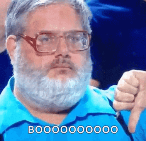 A Man With A Beard And Glasses Is Wearing A Blue Shirt And Giving A Thumbs Down Sign . GIF