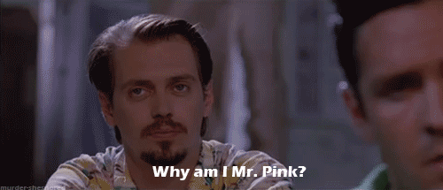 A Man With A Beard And Mustache Is Asking Why Am I Mr. Pink GIF