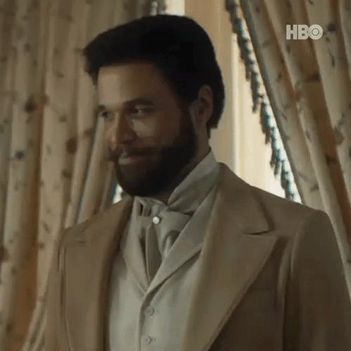 A Man With A Beard And Mustache Is Wearing A Suit And Tie . GIF