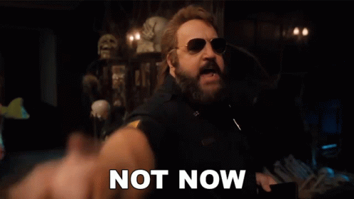 A Man With A Beard And Sunglasses Is Pointing At The Camera With The Words `` Not Now '' Written Next To Him . GIF