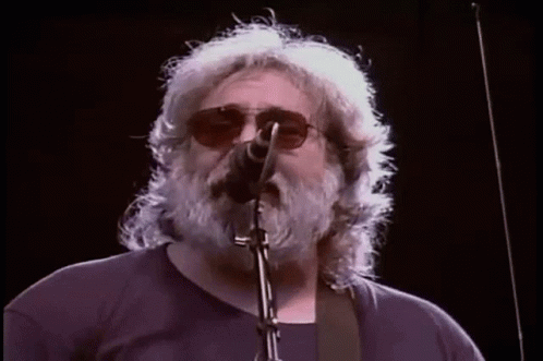 A Man With A Beard And Sunglasses Is Singing Into A Microphone On Stage . GIF