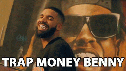 A Man With A Beard And Sunglasses Says " Trap Money Benny " In Front Of A Painting GIF