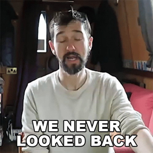 A Man With A Beard And Sunglasses Says We Never Looked Back GIF