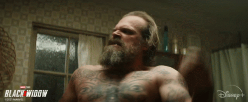 Bearded Man With Tattoos Flexing Muscles GIF