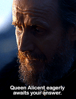 a man with a beard and the words queen alicent eagerly awaits your answer on the bottom