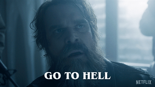 A Man With A Beard Has The Words Go To Hell Written On His Face GIF