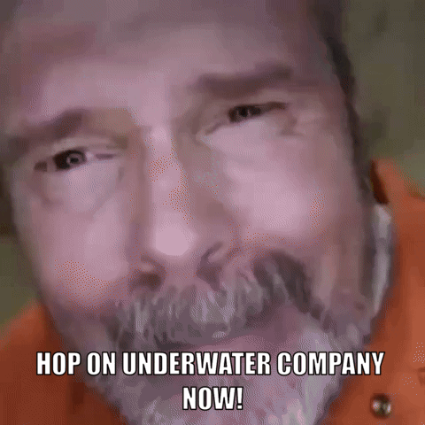 A Man With A Beard Has The Words Hop On Underwater Company Now On His Face GIF