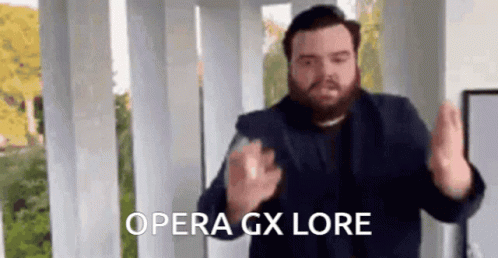 A Man With A Beard Is Dancing And Says Opera Gx Lore In Spanish . GIF