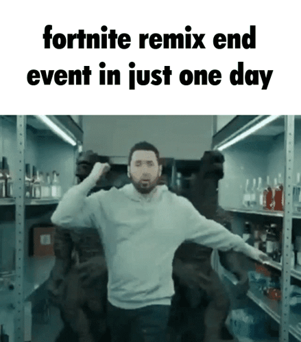 A Man With A Beard Is Dancing In A Store With The Words Fortnite Remix End Event In Just One Day GIF