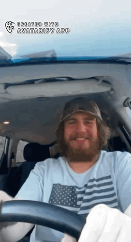 A Man With A Beard Is Driving A Car With The Avatarify App On The Screen GIF