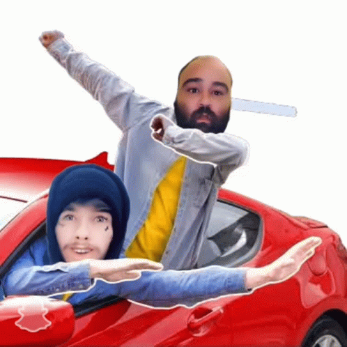 a man with a beard is driving a red car