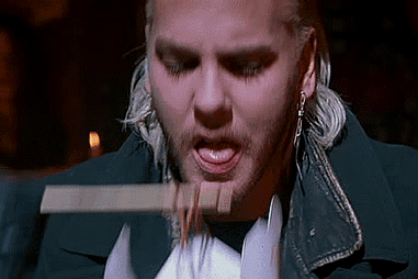 Man With Beard Eating Food With Knife In Mouth GIF