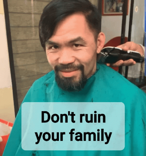 A Man With A Beard Is Getting His Hair Cut With A Caption That Says " Don T Ruin Your Family " GIF