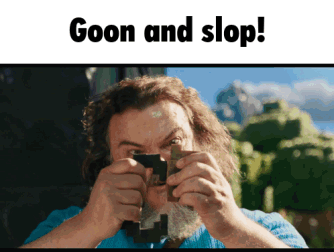 A Man With A Beard Is Holding A Piece Of Wood With The Words Goon And Stop Below Him GIF