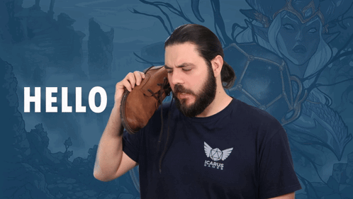 A Man With A Beard Is Holding A Shoe In Front Of A Blue Background That Says I Can 'T Hear You On It GIF