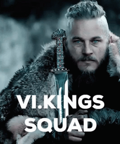 A Man With A Beard Is Holding A Sword With The Words Vikings Squad Written Below Him GIF