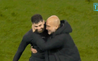A Man With A Beard Is Hugging Another Man On A Field GIF