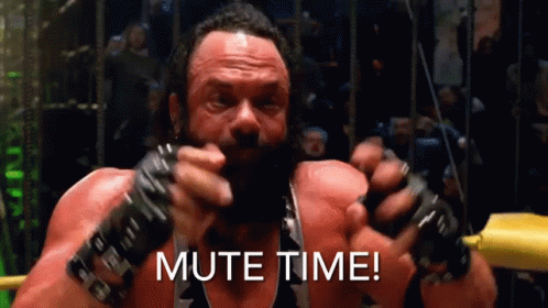 a man with a beard is in a boxing ring with the words mute time written on his face