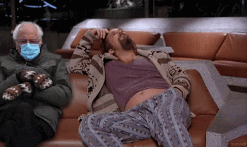 A Man With A Beard Is Laying On A Couch Next To A Man Wearing A Mask GIF