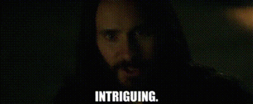 A Man With A Beard Is Looking At The Camera With The Words Intriguing . GIF