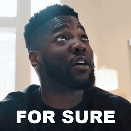 A Man With A Beard Is Looking Up With The Words For Sure Written Below Him GIF