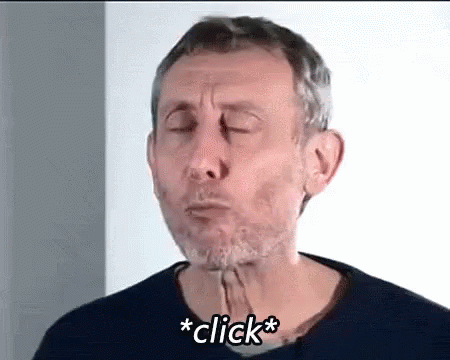 A Man With A Beard Is Making A Funny Face With His Eyes Closed And The Words `` Click '' Written Next To Him . GIF