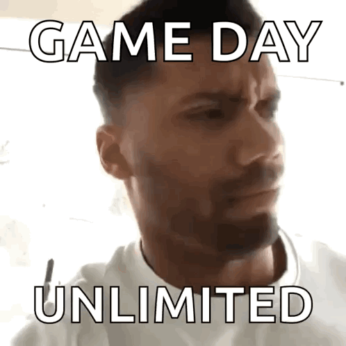 A Man With A Beard Is Making A Funny Face With The Words Game Day Unlimited GIF