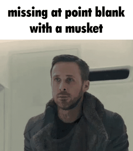 a man with a beard is missing at point blank with a musket .