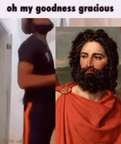 A Man With A Beard Is Next To A Painting Of A Man With A Red Robe GIF