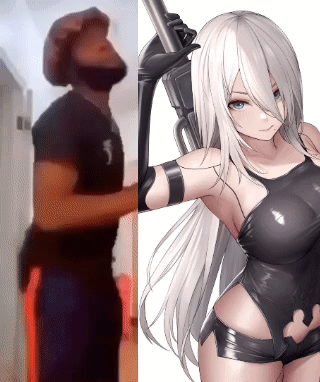 A Man With A Beard Is Next To A Picture Of A Girl With Long White Hair Holding A Gun GIF