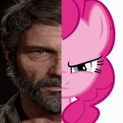 A Man With A Beard Is Next To A Pink Pony With A Sad Look On Her Face GIF
