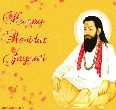 A Man With A Beard Is On A Yellow Background With The Words Happy Ravidas Jayanti Above Him GIF