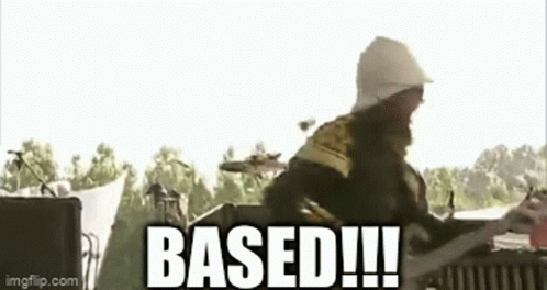 A Man With A Beard Is Playing A Guitar And The Words `` Based !!! '' Are Above Him . GIF