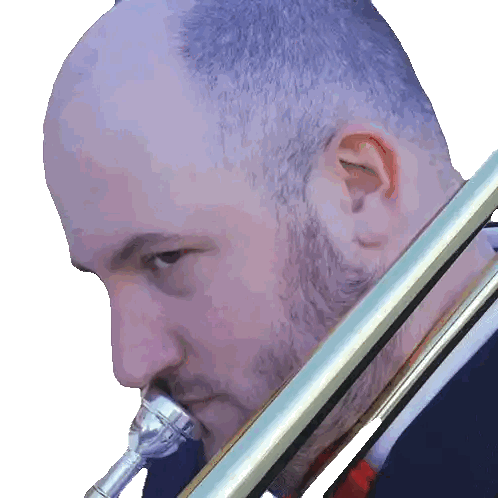 a man with a beard is playing a trombone with a white background