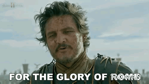 A Man With A Beard Is Saying `` For The Glory Of Taxman '' While Standing In Front Of A City . GIF