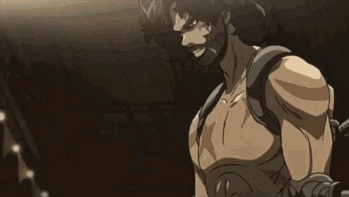 A Man With A Beard Is Screaming In A Boxing Ring While Holding A Sword . GIF