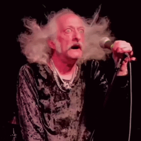 A Man With A Beard Is Singing Into A Microphone With His Hair Blowing In The Wind . GIF