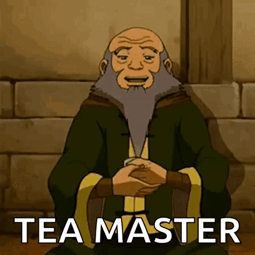 A Man With A Beard Is Sitting Down With His Hands Folded And The Words Tea Master Written On The Bottom GIF