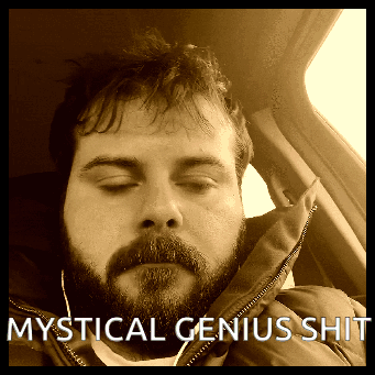 A Man With A Beard Is Sitting In A Car With His Eyes Closed And The Words Mystical Genius Shit Below Him GIF